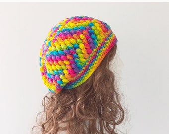 Crochet Slouchy Beanie, Rainbow Crochet Hat, Puff Stitch Beanie, Winter Hat for Men, Women's Winter Hat, Wool Knit Beanie, Slouchy Hat,