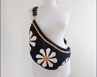 Gehaakte Fanny Pack, Sling Bag voor dames, Daisy Crossbody Bag, Flower Hobo Bag, Oma Square Bum Bag, Sling Bag met riemvariaties