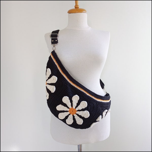 Riñonera de ganchillo, bolso bandolera para mujer, bolso bandolera Daisy, bolso hobo de flores, bolso de vago cuadrado de la abuela, bolso bandolera con variaciones de correa