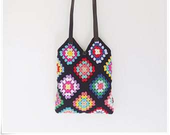 Granny Square Crochet Bag, Tote Bag Aesthetic, Shabby Chic Bag, Small Tote Bag, Black Tote Bag, Minimalist Tote Bag, Birthday Gifts for Her