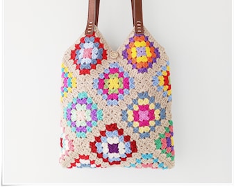 Crochet Granny Square Bag, Crochet Purse, RetroTote Bag, Hippie Style, Colorful Bag with Leather Straps, Vintage Style Boho Bag