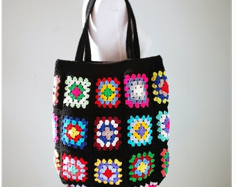 Granny Square Crochet Bag, Crochet Tote Bags for Women, Colorful Granny Square Bag, Crochet Market Bag, Granny Square Purse, Boho Style Bag