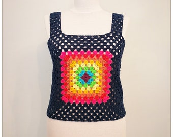 Crochet Top, Crop Top, Granny Square Top, Retro Top, Crochet Halter Top, Rainbow Top, Summer Top, Gift for Her, Vintage Style, Boho Top