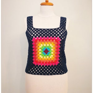 Handmade Crochet Granny Square Crop Top: Rainbow Boho Halter