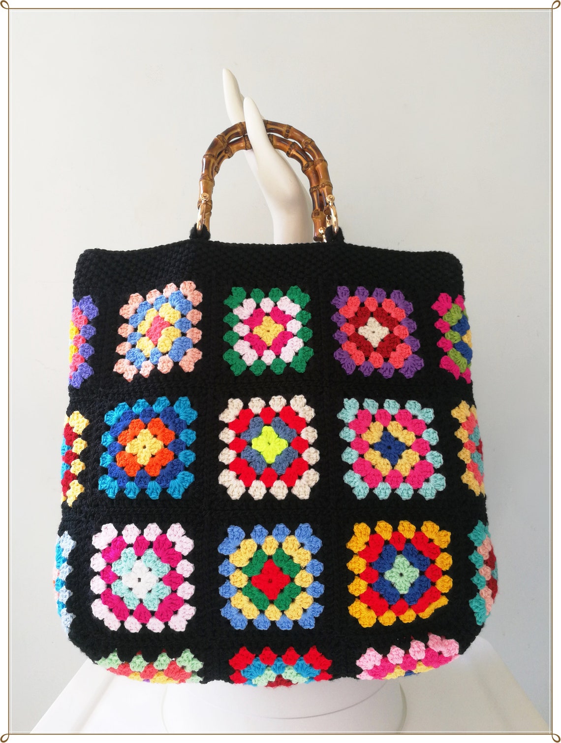 Crochet Bamboo Handle Bag Crochet Granny Square Bag Granny - Etsy