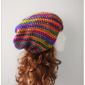 Hand Knit Rainbow Slouchy Beanie: Wool Blend Winter Hat