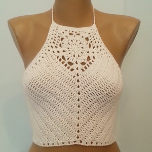 Crochet Halter Crop Top: White Microfiber Summer Festival Top