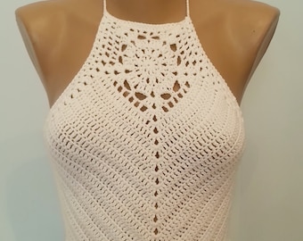 Crochet Halter Top, Crop Top, Crochet Festival Top, White Top, Summer Top, Woman's top, Gift for Her, Retro Top, Vintage Style, Hippie Style