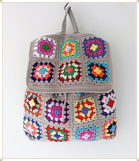 Crocheted Granny Square Backpack: Colorful Hippie Tote Bag
