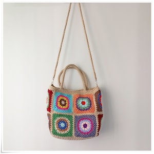 Crochet Granny Square Crossbody Bag, Boho Style Granny Square Tote, Crochet Handbag with Strap Variations, Retro Crochet Bag, Crochet Purse image 7