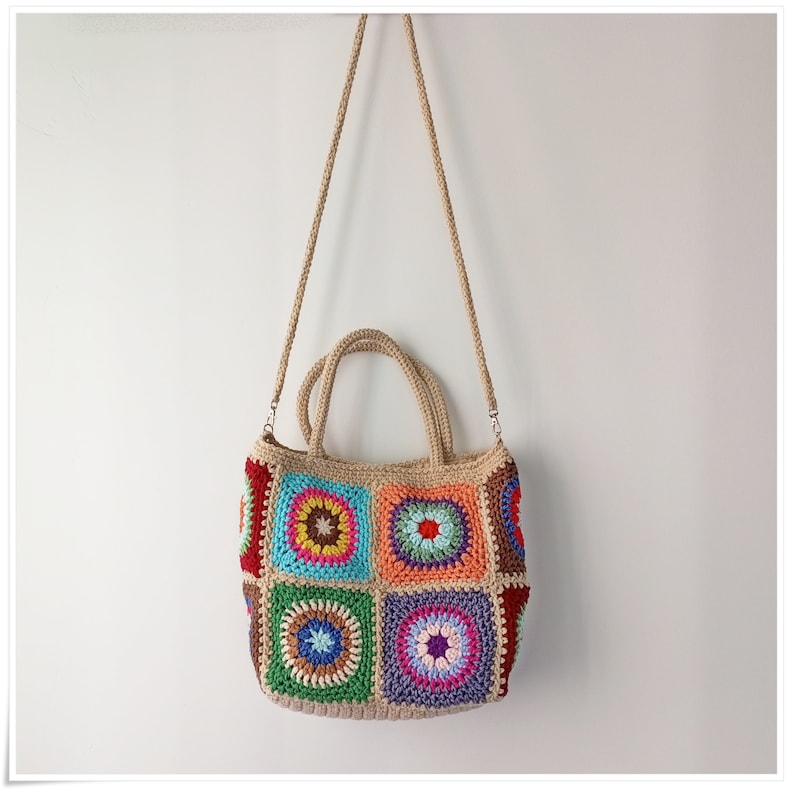 Crochet Granny Square Crossbody Bag, Boho Style Granny Square Tote, Crochet Handbag with Strap Variations, Retro Crochet Bag, Crochet Purse image 7
