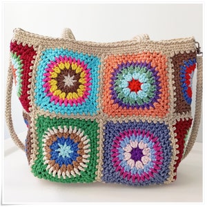 Crochet Granny Square Crossbody Bag, Boho Style Granny Square Tote, Crochet Handbag with Strap Variations, Retro Crochet Bag, Crochet Purse image 4