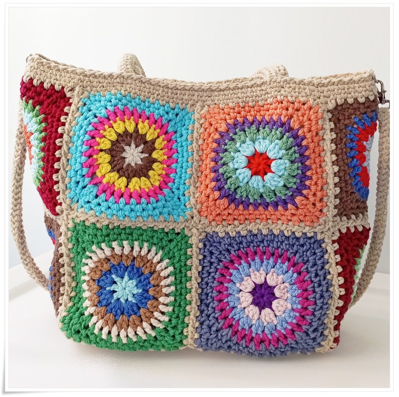 Crochet Granny Square Crossbody Bag, Boho Style Granny Square Tote, Crochet Handbag with Strap Variations, Retro Crochet Bag, Crochet Purse image 4