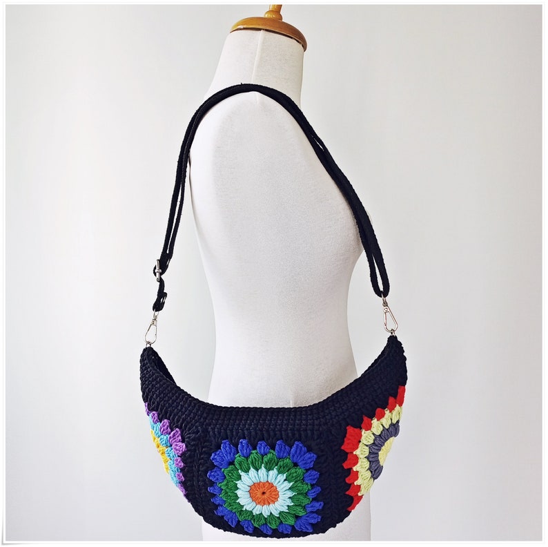 Fanny Pack, Crochet Sling Bag with Strap Variations, Granny Square Bum Bag, Crochet Crossbody Bag, Crocheted Belt Bag with Zipper, Boho Bag image 8