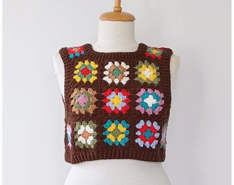 Crochet Granny Square Sweater Vest, Brown Wool Cropped Cardigan