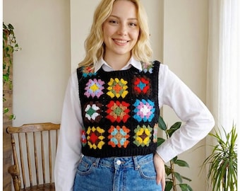 Crochet Granny Square Sweater Vest: Cropped Wool Knit Cardigan