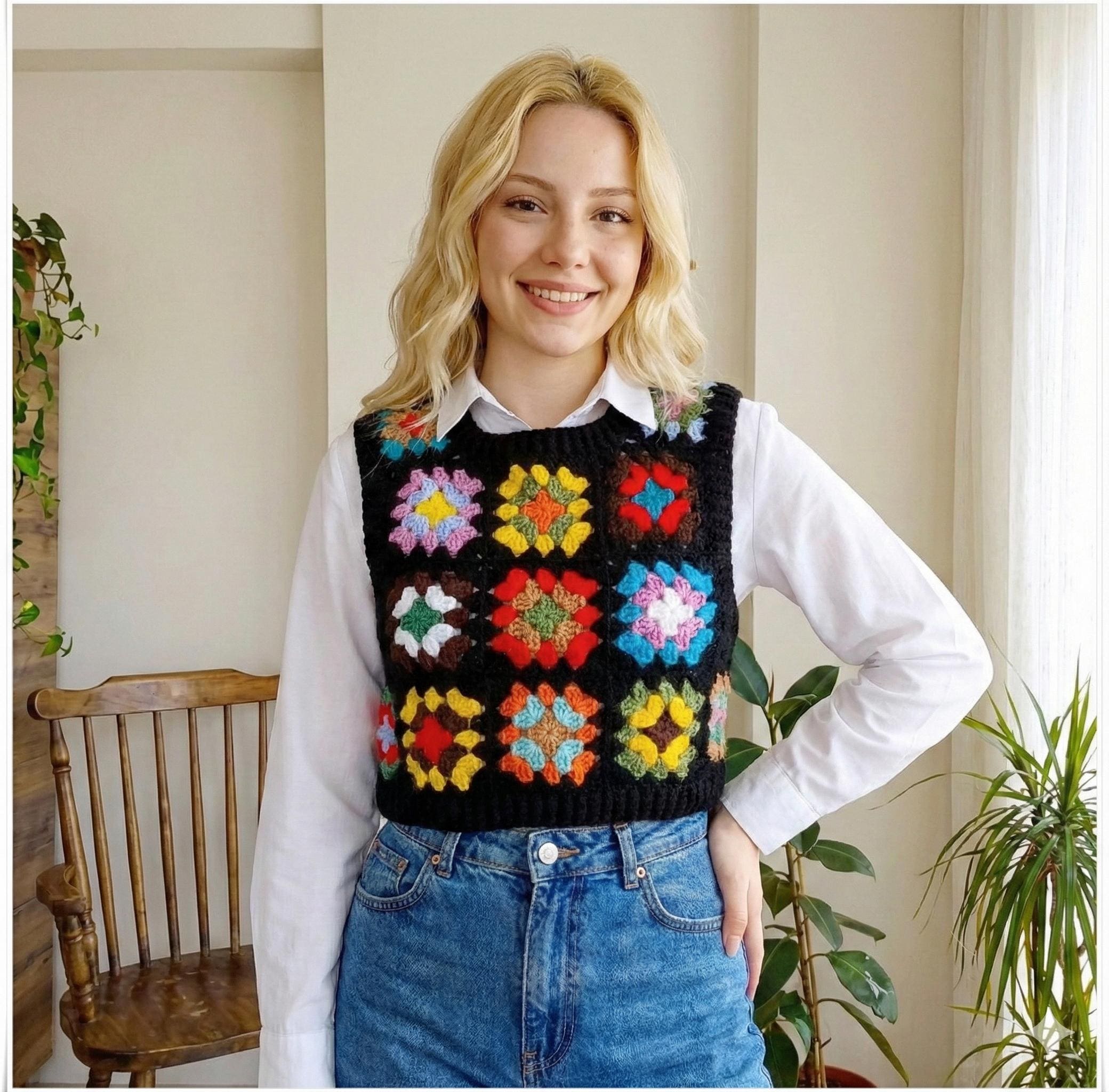 Crochet Granny Square Sweater Vest: Cropped Wool Knit Cardigan - Etsy