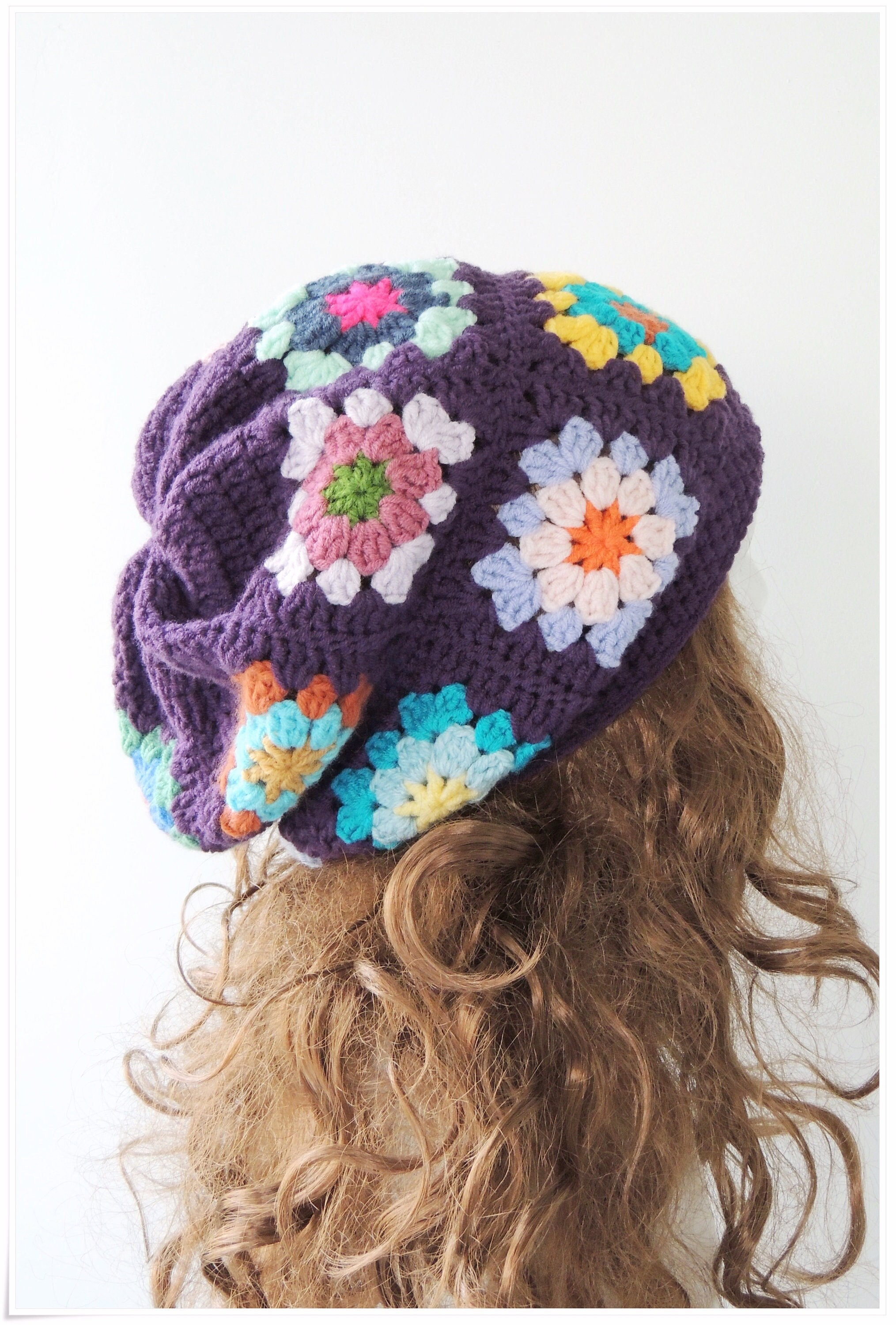Slouchy Beanie, Granny Square Crochet Hat, Crochet Beanie, Wool Beanie, Womens Winter Hats, Slouchy Hat, Rainbow Hat, Boho Winter Hat