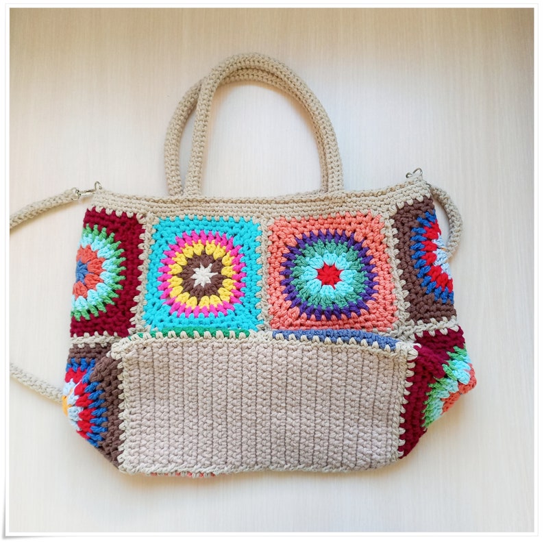 Crochet Granny Square Crossbody Bag, Boho Style Granny Square Tote, Crochet Handbag with Strap Variations, Retro Crochet Bag, Crochet Purse image 6