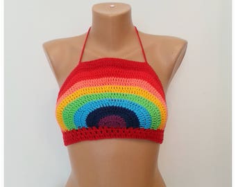 Crochet Halter Top, Crop Top, Festival Top, Crochet Rainbow Top, Summer Top, Gift for Her, Retro Top, Woman top, Vintage Style, Hippie Style