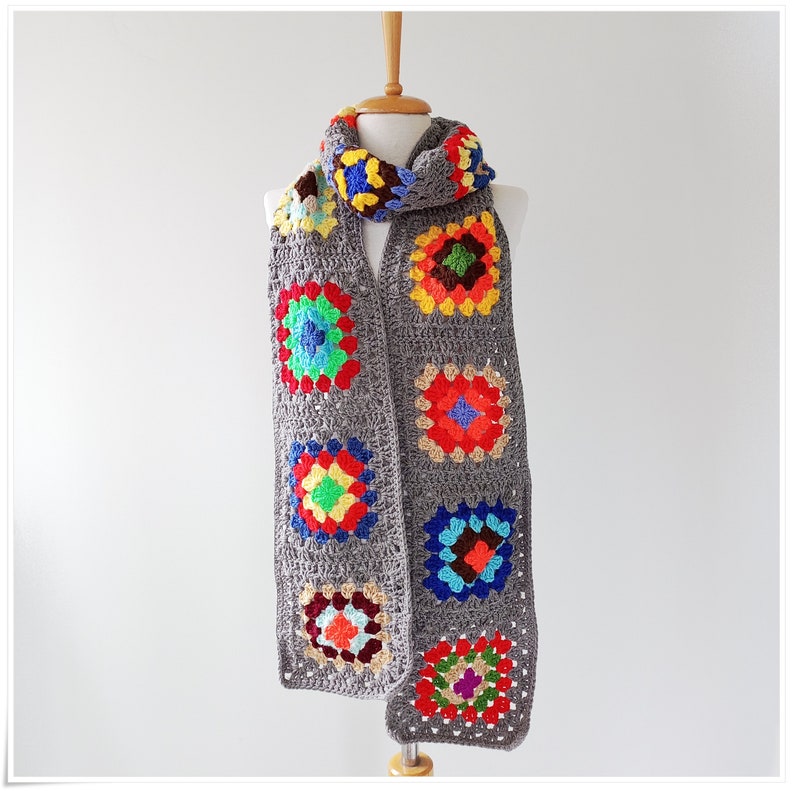 Crochet Granny Square Scarf, Blanket Scarf, Mens Scarf, Scarves for Women, Handmade Scarf, Boho Scarf, Knit Scarf, Winter Outfit image 1