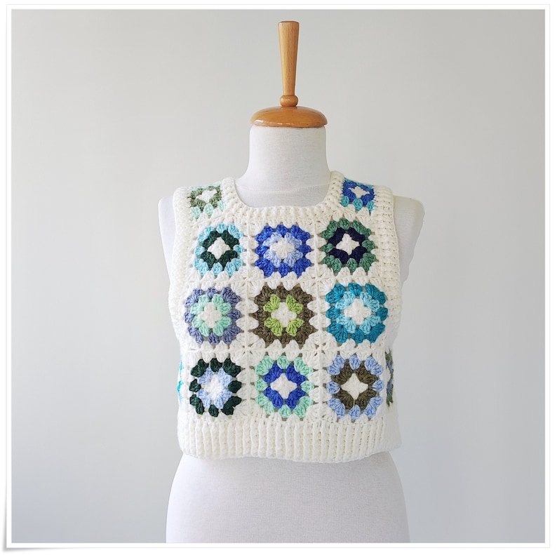 Crochet Granny Square Sweater Vest, Crop Wool Vest, Crochet Vest For Woman, Knitted Vest, Cardigan Sweater, Colorful Sweater, Boho Vest image 1