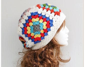 Crochet Granny Square Slouchy Beanie: Wool Blend Winter Hat