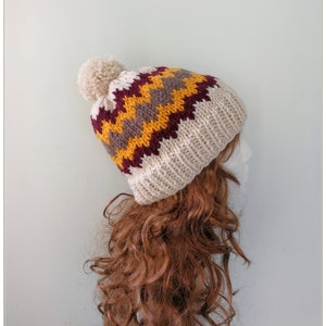 Chunky Knit Striped Beanie: Wool Blend Pom Pom Winter Hat