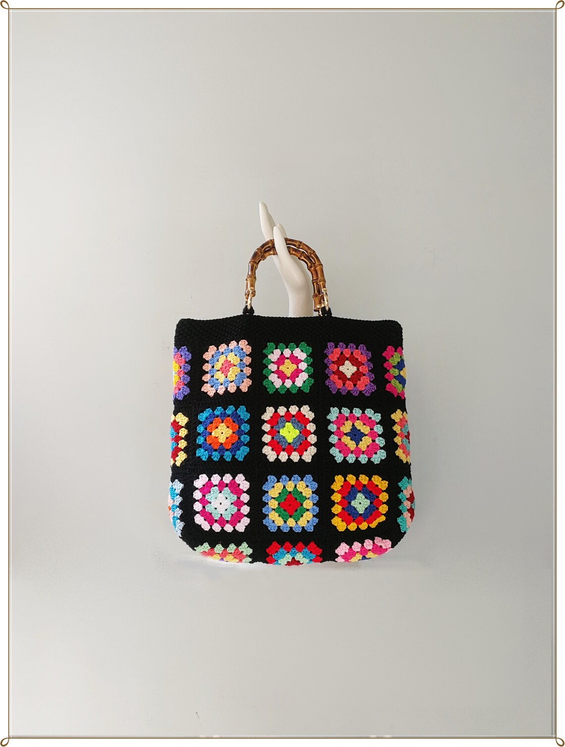 Crochet Bamboo Handle Bag Crochet Granny Square Bag Granny - Etsy
