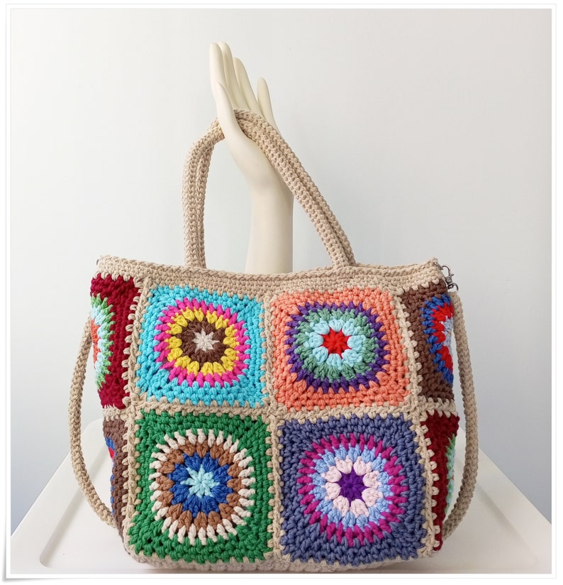 Crochet Granny Square Crossbody Bag, Boho Style Granny Square Tote, Crochet Handbag with Strap Variations, Retro Crochet Bag, Crochet Purse image 3