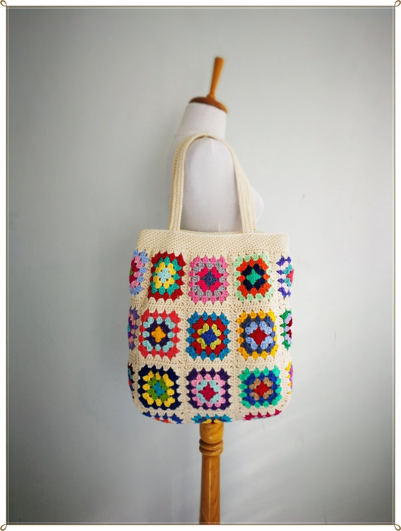 Crochet Bag, Granny Square Bag, Crochet Purse, Crochet Tote Bag, Retro Bag, Hippie Bag, Gift for Her, Boho Bag, Cream Crochet Bag image 9