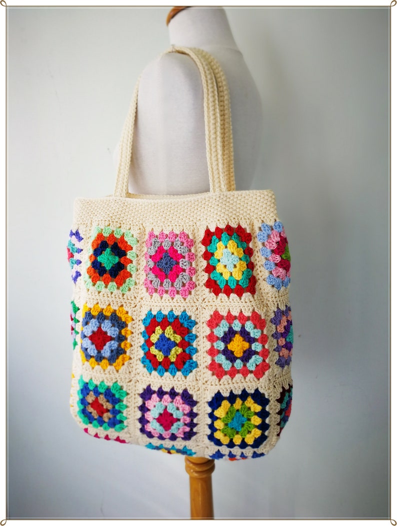 Crochet Bag, Granny Square Bag, Crochet Purse, Crochet Tote Bag, Retro Bag, Hippie Bag, Gift for Her, Boho Bag, Cream Crochet Bag image 2