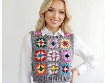 Crochet Granny Square Sweater Vest: Colorful Wool Crop Top