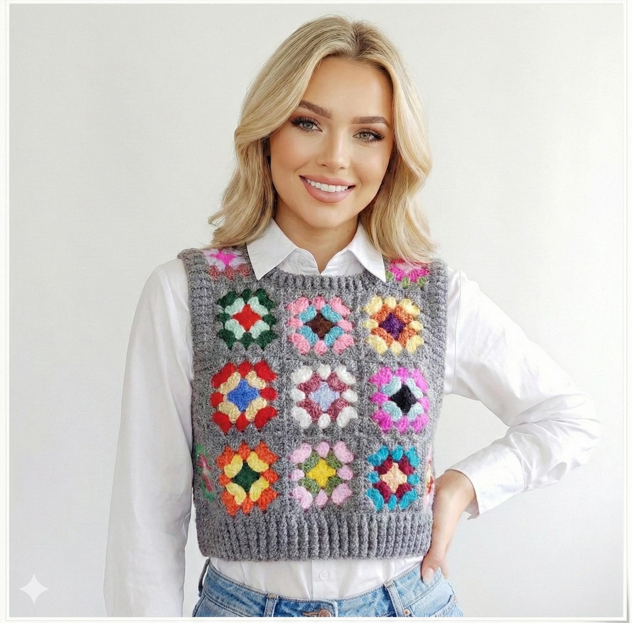 Crochet Granny Square Sweater Vest: Colorful Wool Crop Top - Etsy