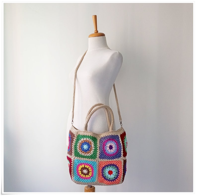 Crochet Granny Square Crossbody Bag, Boho Style Granny Square Tote, Crochet Handbag with Strap Variations, Retro Crochet Bag, Crochet Purse image 5