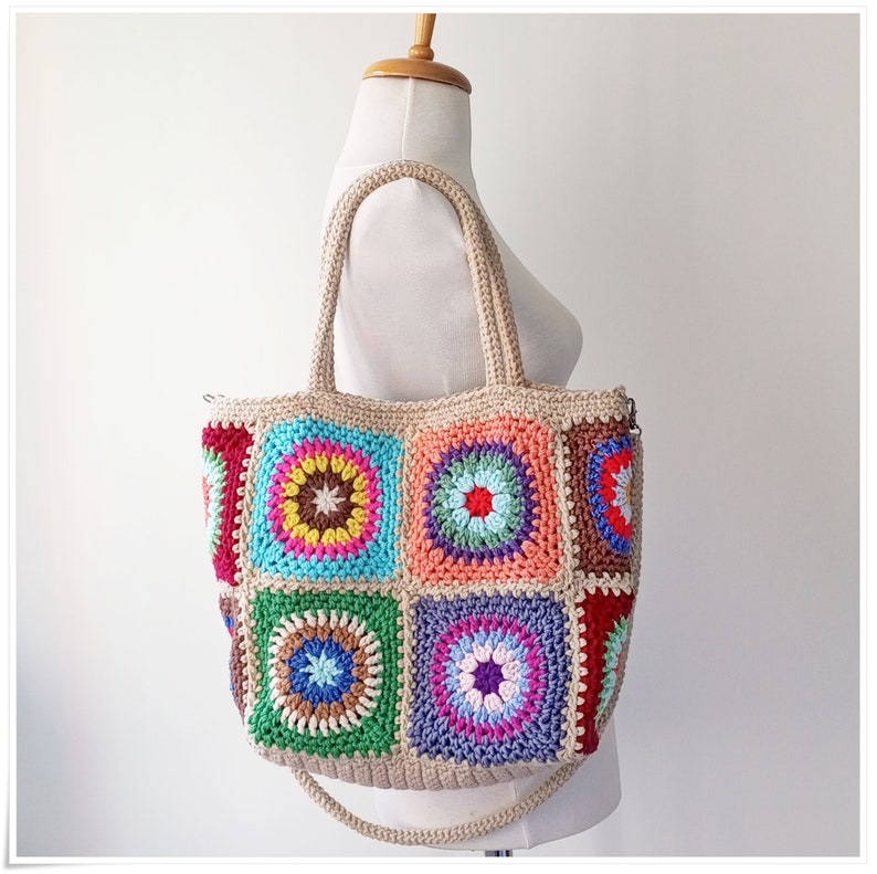 Crochet Granny Square Crossbody Bag, Boho Style Granny Square Tote, Crochet Handbag with Strap Variations, Retro Crochet Bag, Crochet Purse image 2