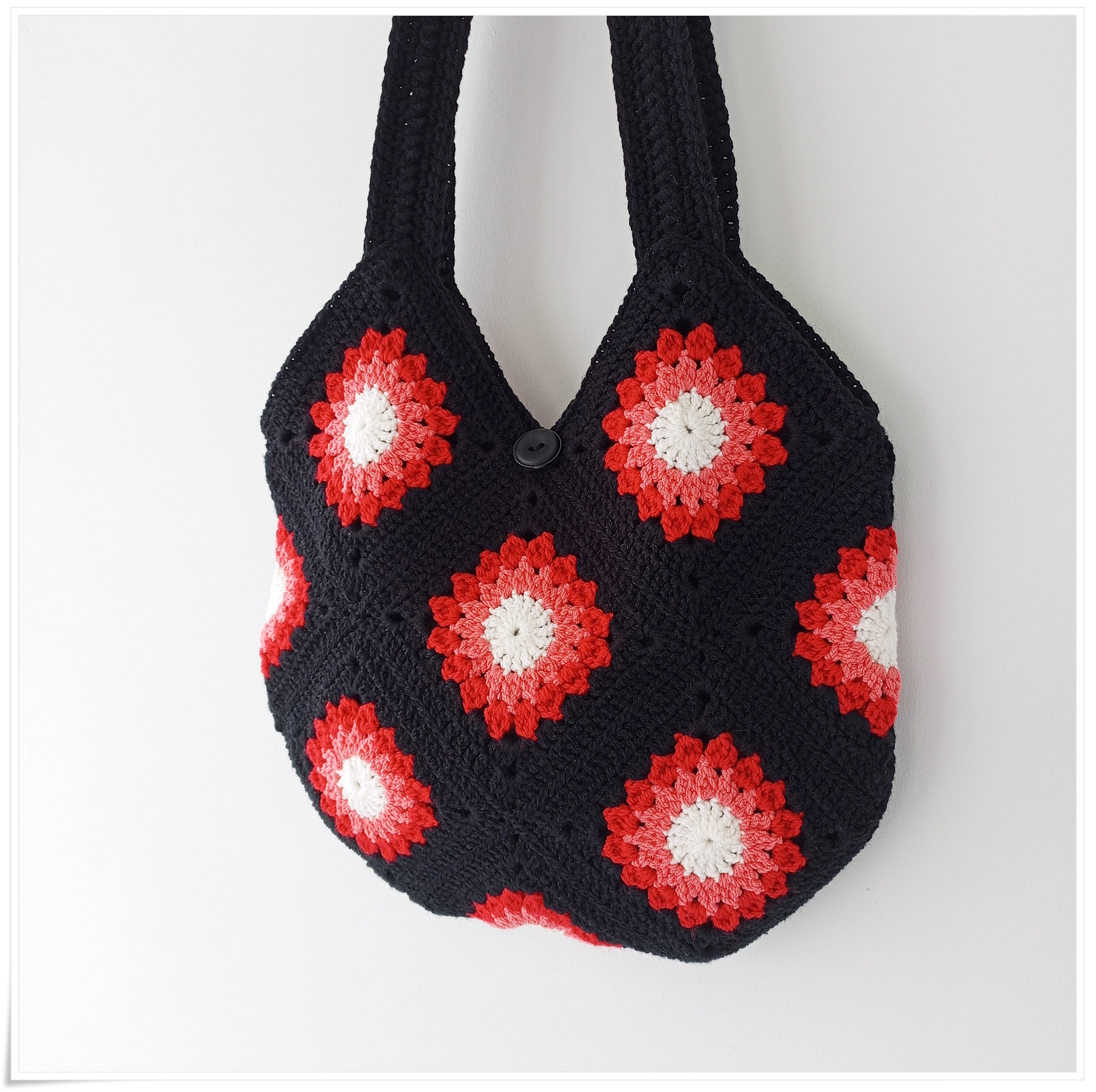 Black Crochet Granny Square Shoulder Bag, Crochet Tote Bag