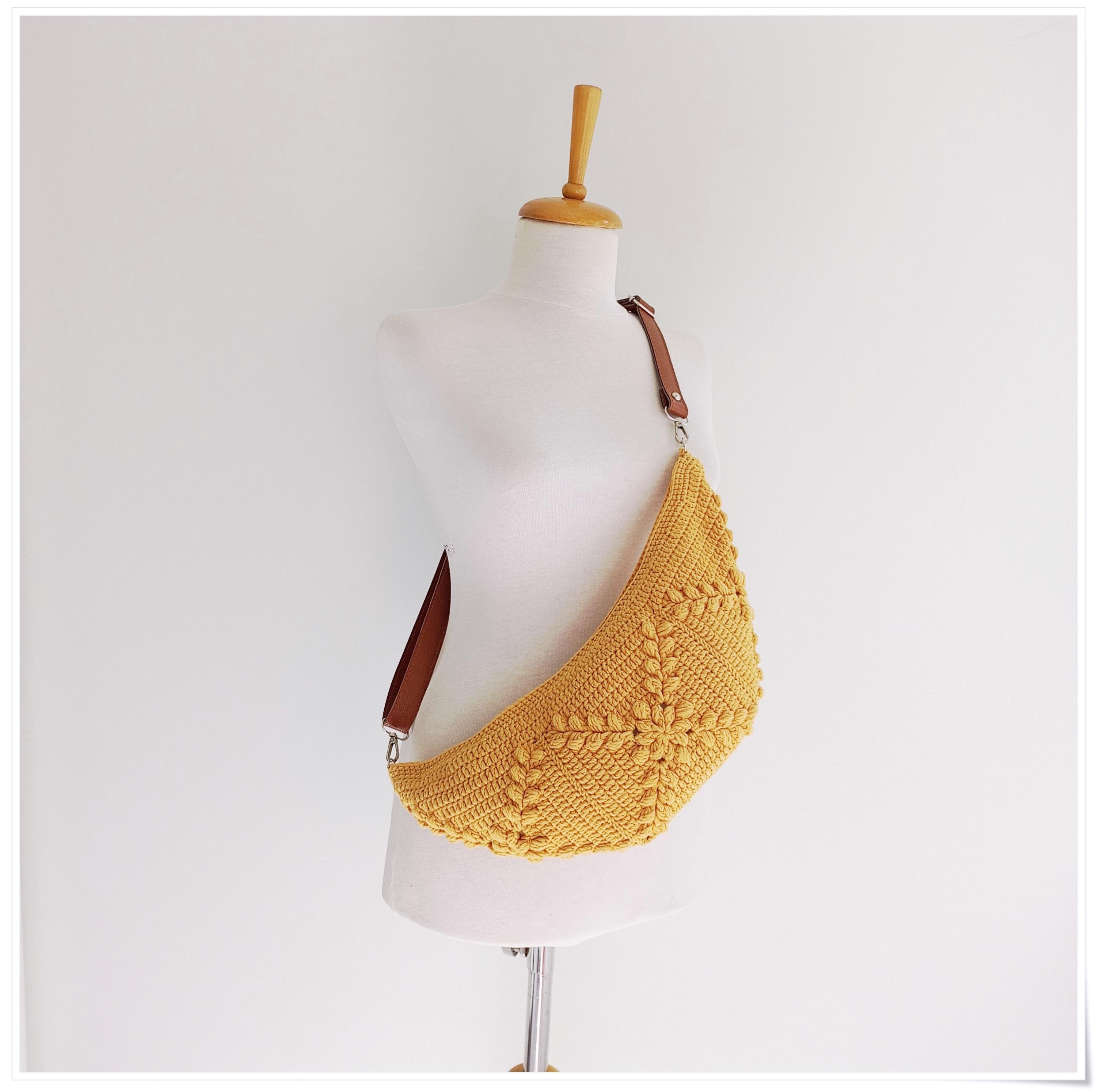 Crochet Sling Bag, Granny Square Mustard Crossbody Purse, Floral Bum Bag