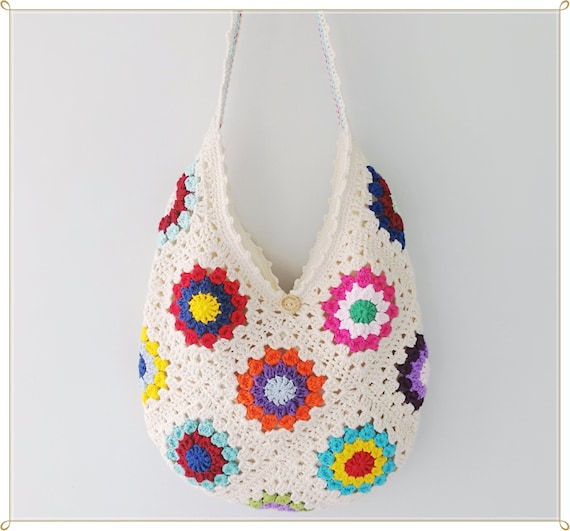 Crochet Granny Square Hobo Bag: Shabby Chic Flower Tote