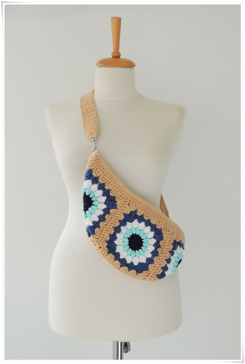 Crochet Bum Bag, Fanny Pack, Sling Bag, Cross Body Bag, Evil Eye Bag, Hobo Bag, Knitting Bag, Crochet Purse , Granny Square Bag image 1