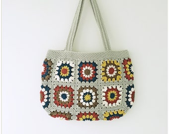 Crochet Vintage Style Tote Bag, Floral Tote Bag, Granny Square Purse, Teachers Tote Bag, Crochet Shoulder Bag, Retro Bag,Tote Bag Aesthetic