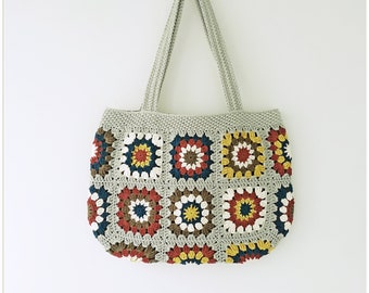 Crochet Granny Square Tote Bag: Vintage Floral Cotton Purse