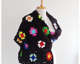 Crochet Granny Square Scarf: Colorful Boho Winter Shawl