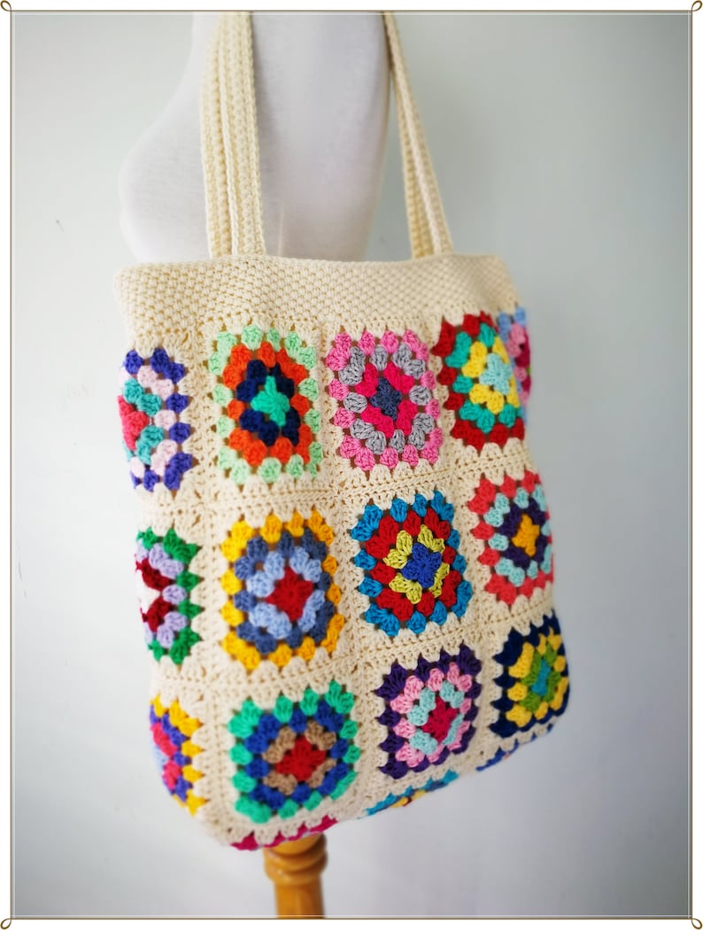 Crochet Bag, Granny Square Bag, Crochet Purse, Crochet Tote Bag, Retro Bag, Hippie Bag, Gift for Her, Boho Bag, Cream Crochet Bag image 8