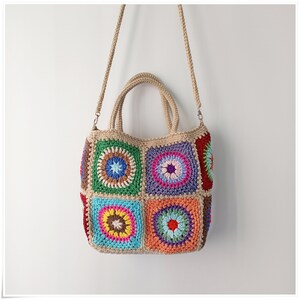 Sac à bandoulière carré grand-mère au crochet, fourre-tout carré grand-mère de style bohème, sac à main au crochet avec différentes sangles, sac au crochet rétro, sac à main au crochet image 10