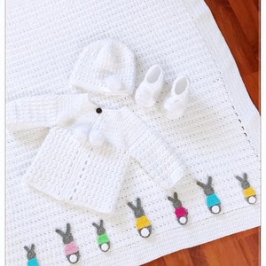 Crochet Baby Gift Set, Bunny Baby Blanket, Baby Afghan Crochet, Knit Baby Clothes, Baby Knitwear, Newborn Sweater Sets, Knit Baby Booties