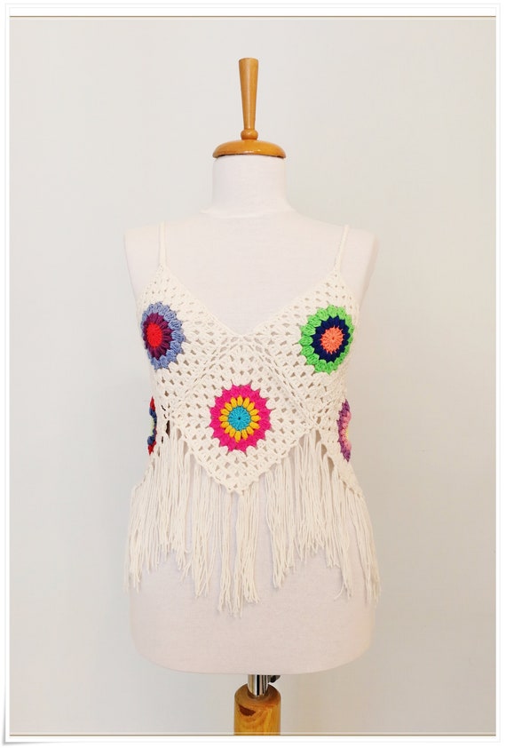 Crochet Granny Square Fringe Top: Handmade Boho Hippie Clothes