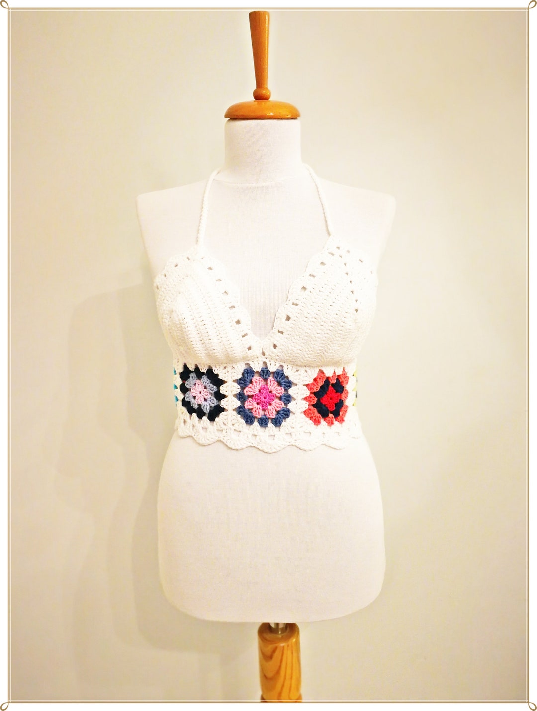 Halter Top, Crop Top, Crochet Top, Retro Top, White Top, Granny Square ...