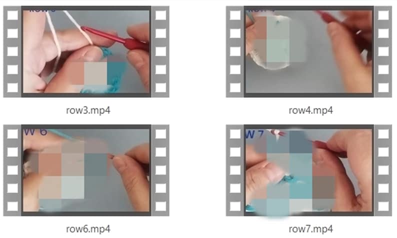 May include: Four close-up video clips showing a person crocheting with a red crochet hook. The clips are labeled "row3.mp4", "row4.mp4", "row6.mp4", and "row7.mp4".
