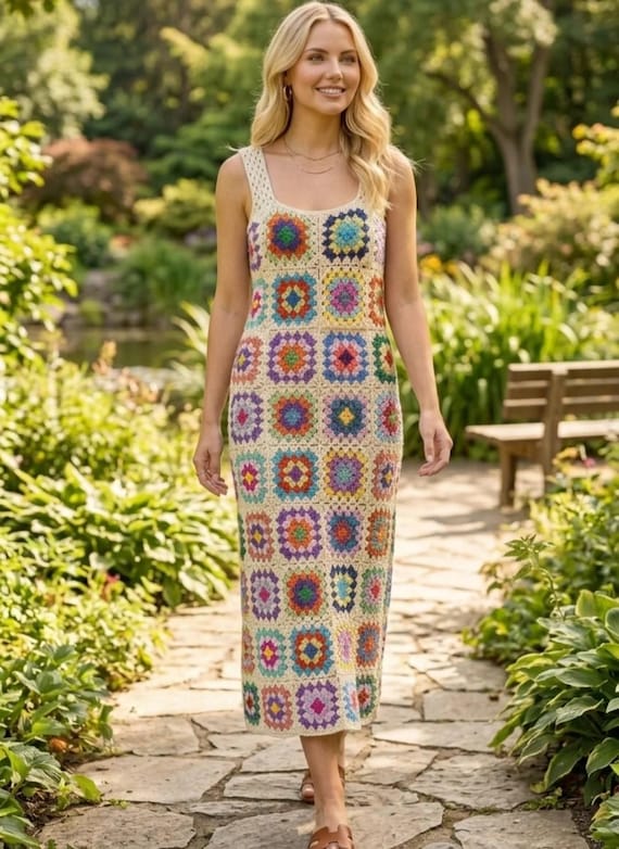 Crochet Granny Square Dress: Colorful Retro Hippie Style
